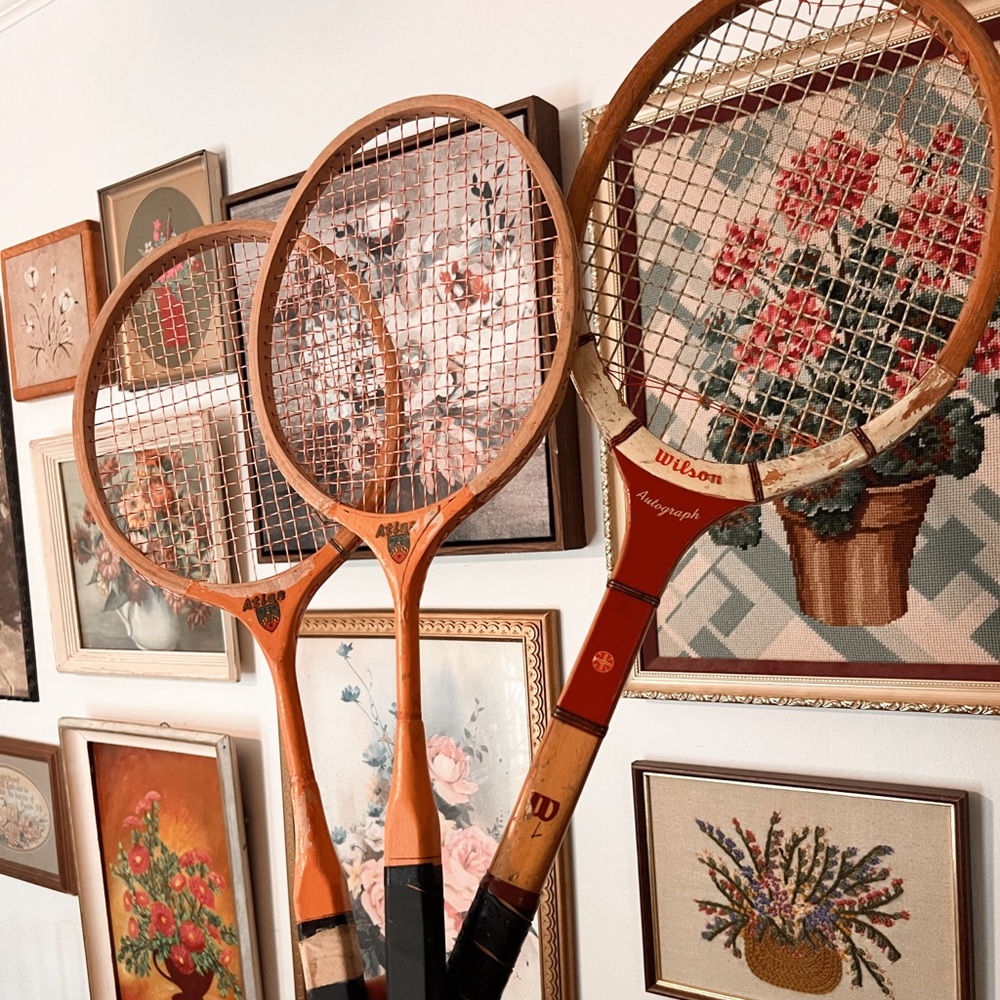 Set of 3 vintage retro boho wooden badminton/tennis rackets